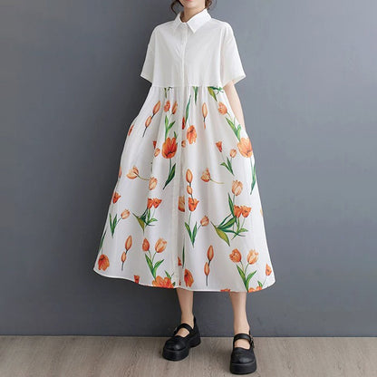 【ワンピース】柄切替ワンピース レディース 夏 半袖 Aライン ゆったり 大きいサイズ 体型カバー ロング丈【SHシリーズ】