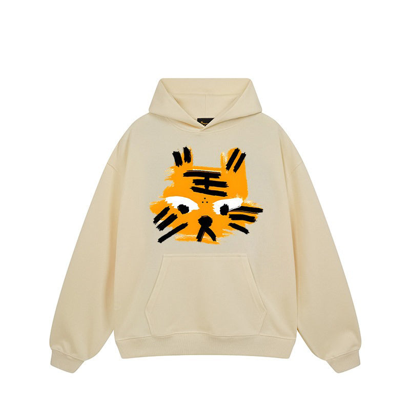 【トップス】🐱ストリートタイガーヘッドプリント裏起毛パーカー ユニセックス ペアルック 秋冬 オーバーサイズ【FCシリーズ】