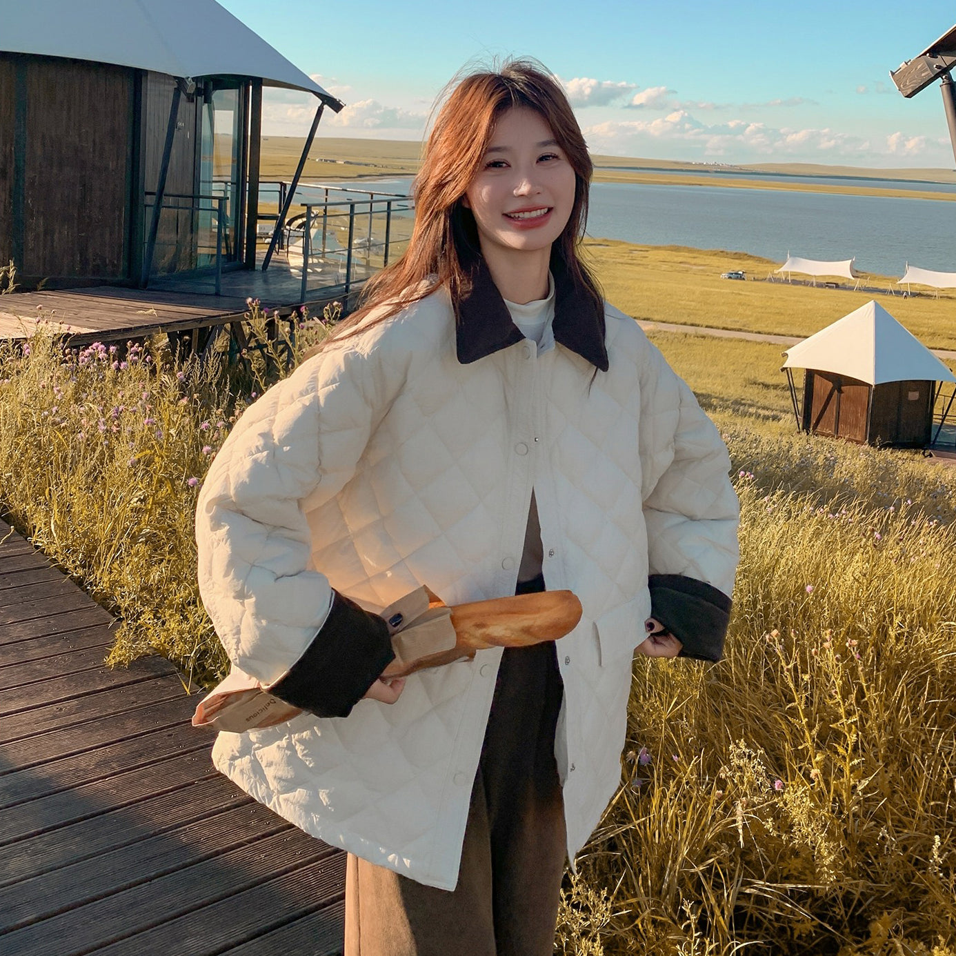 【アウター】バイカラー＆大きめポケット🎵 上品 中綿コート レディース 秋冬 韓国風 綿入れコート【JZシリーズ】