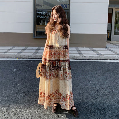 【ワンピース】フレンチヴィンテージ 花柄ボヘミアンワンピース ゆったり 夏新作 ノースリーブワンピース【SHシリーズ】