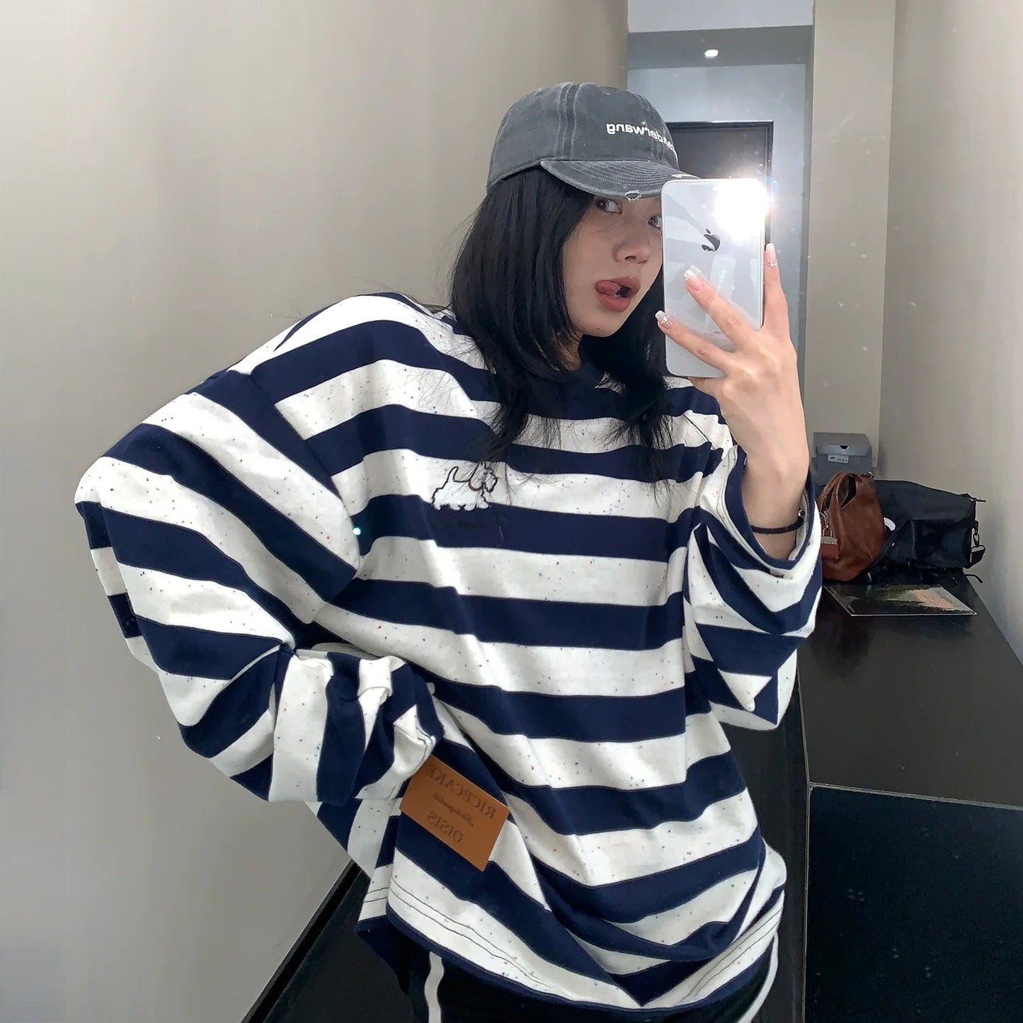 【トップス】春 秋  冬 プリント ストライプ柄 薄手 長袖 Ｔシャツ 【FCシリーズ】