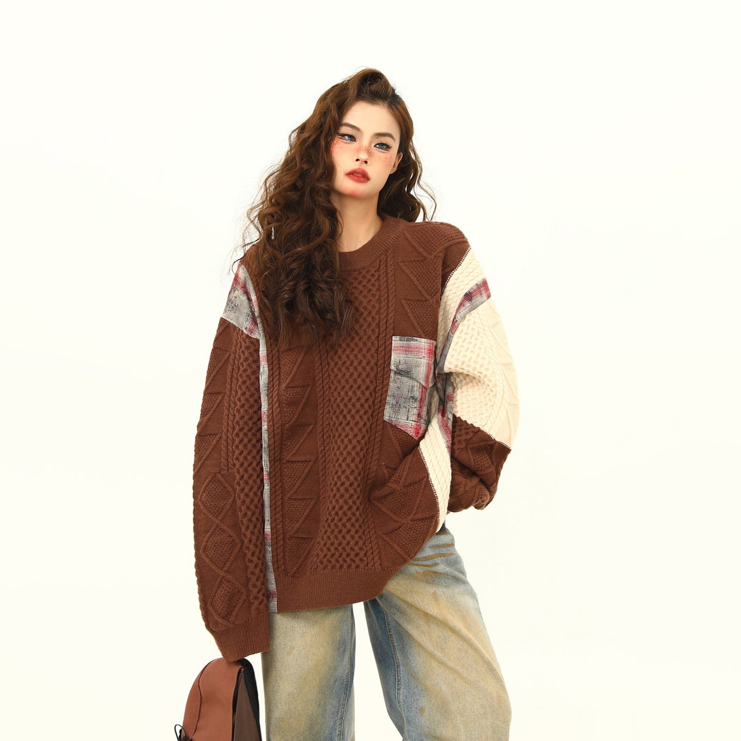 【トップス】ストリート感漂う配色ニット✨秋冬新作 ゆったりシルエットでこなれ感アップ ケーブル編み おしゃれ セーター【FCシリーズ】