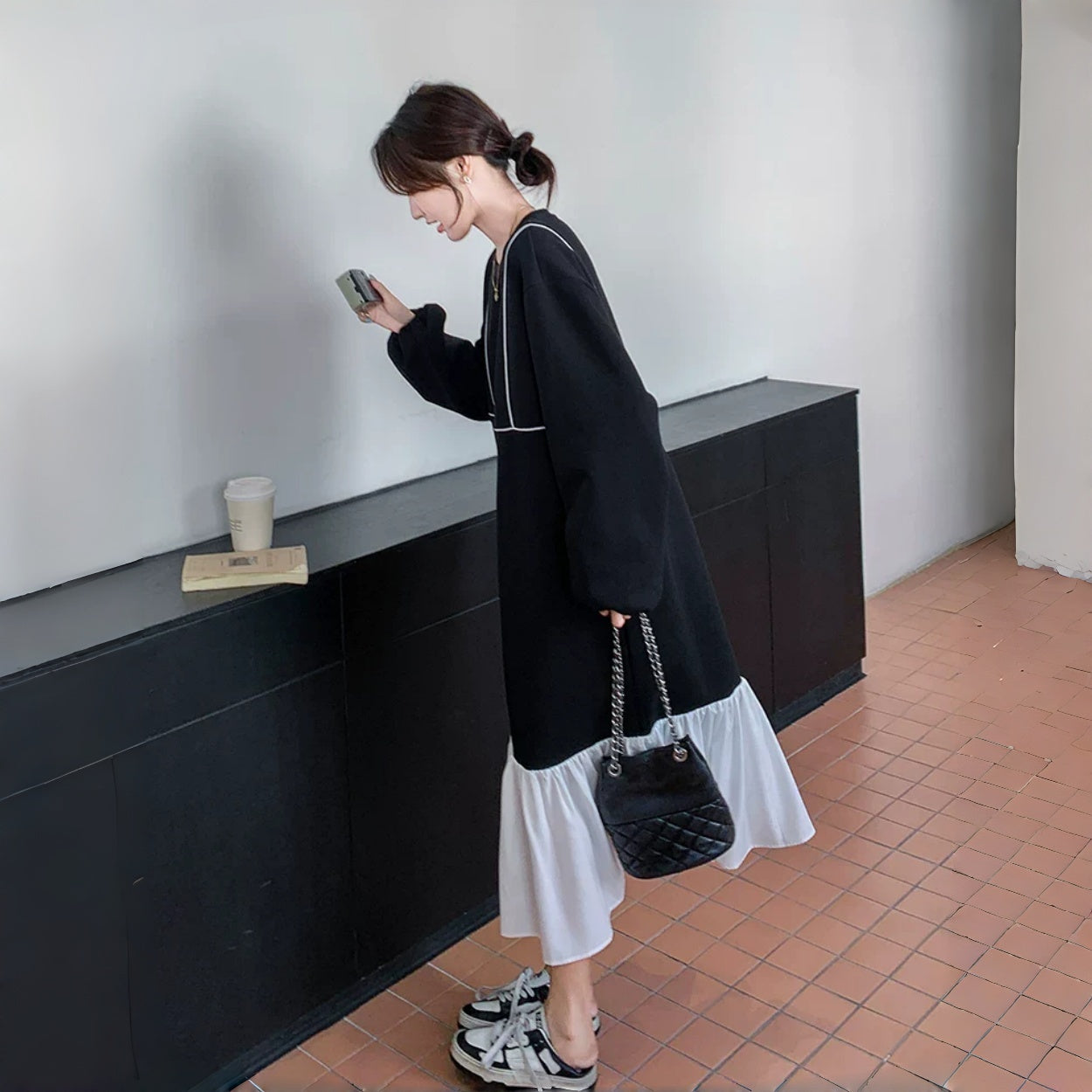 【ワンピース】あつさり ゆったり 着痩せ 切り替えし 肌触りいい 長袖ワンピース【JZシリーズ】