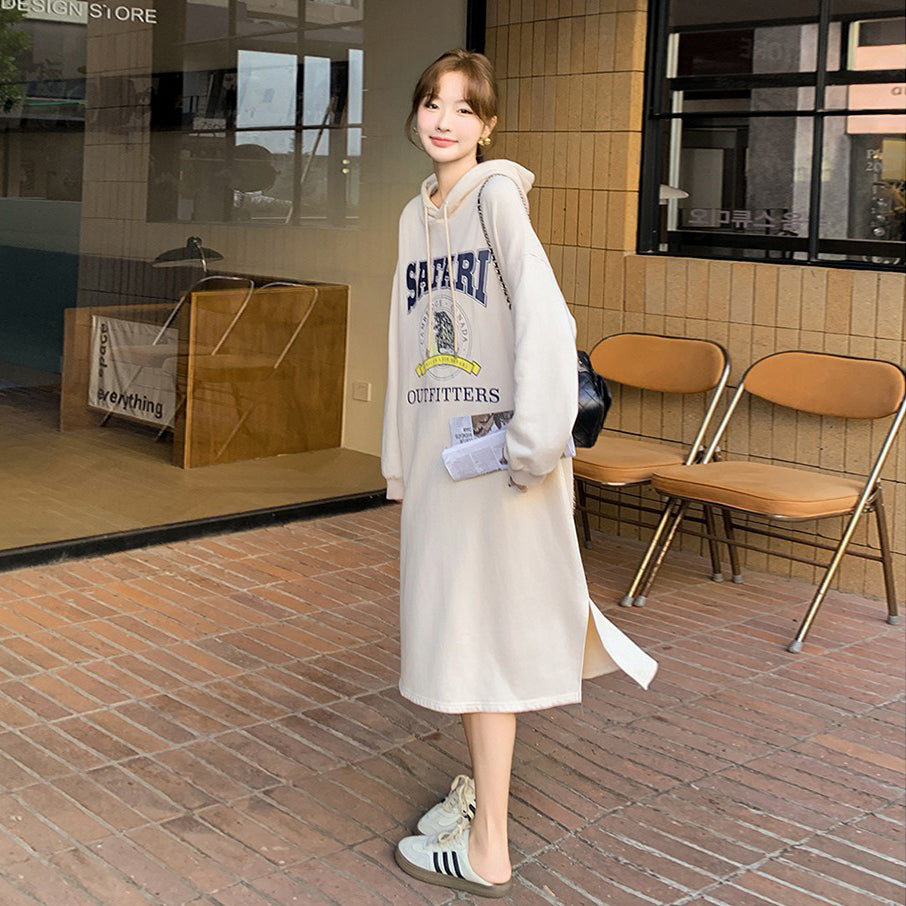 【ワンピース】高級感 韓国風  オフホワイト フード付き長袖ワンピース おしゃれ ゆったりスウェットロングワンピース【JZシリーズ】