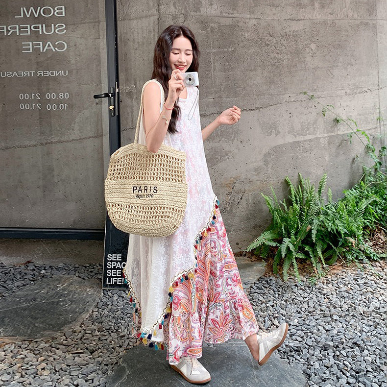 2点セット！【セットアップ】ボヘミアンレース刺繍シアーカーデ＋花柄ノースリーブワンピース レイヤード風上下セット【SHシリーズ】