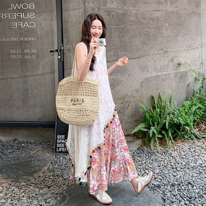 2点セット！【セットアップ】ボヘミアンレース刺繍シアーカーデ＋花柄ノースリーブワンピース レイヤード風上下セット【SHシリーズ】