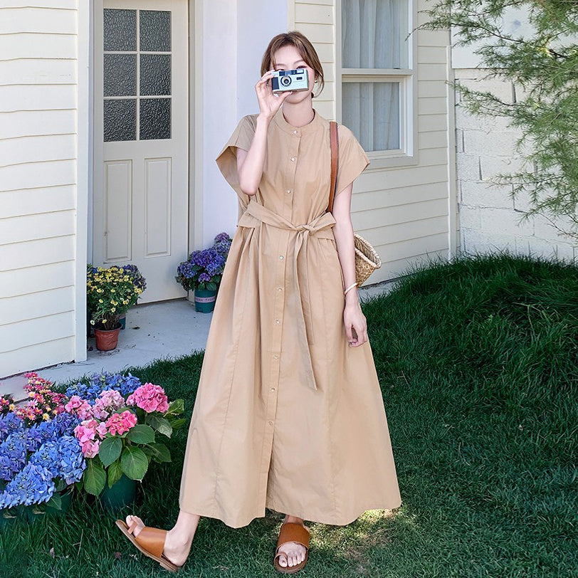 【ワンピース】カジュアル スリム見え カーキ シャツワンピース レディース 夏 ロング丈 個性的で美しい 気品あるおしゃれスタイル【JZシリーズ】