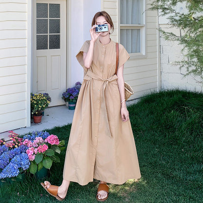【ワンピース】カジュアル スリム見え カーキ シャツワンピース レディース 夏 ロング丈 個性的で美しい 気品あるおしゃれスタイル【JZシリーズ】