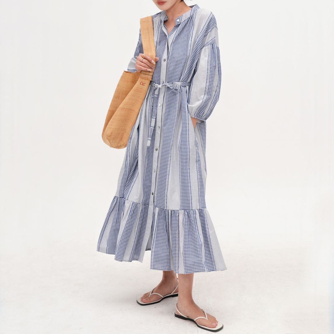 【ワンピース】【15～18日内発送】夏 ブルーストライプ Aライン ティードレス 半袖 ワンピース 【JZシリーズ】