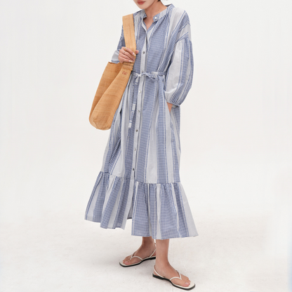 【ワンピース】【15～18日内発送】夏 ブルーストライプ Aライン ティードレス 半袖 ワンピース 【JZシリーズ】