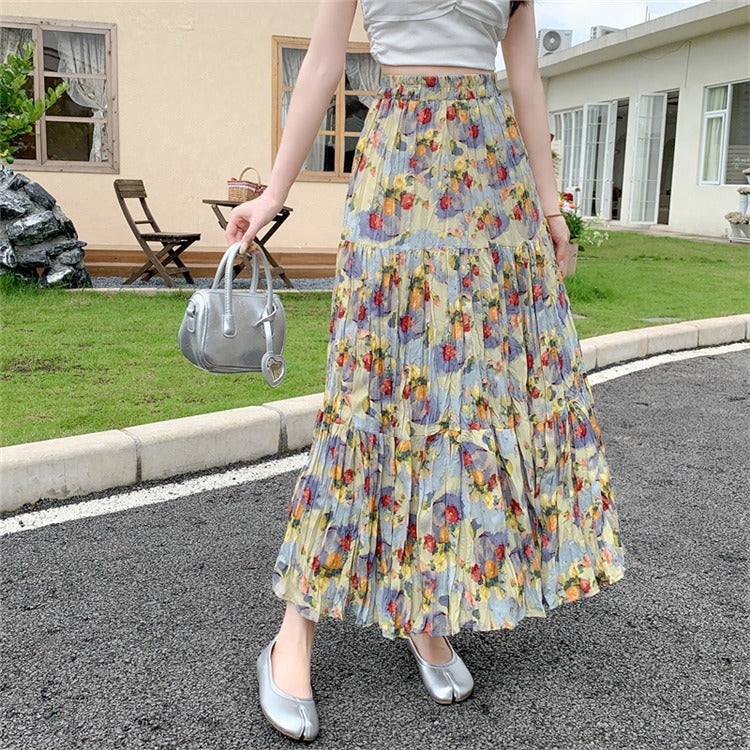 【ボトムス】上品 花柄プリーツスカート ロング丈 Aライン 体型カバー 夏 美シルエットで即細見え【SHシリーズ】