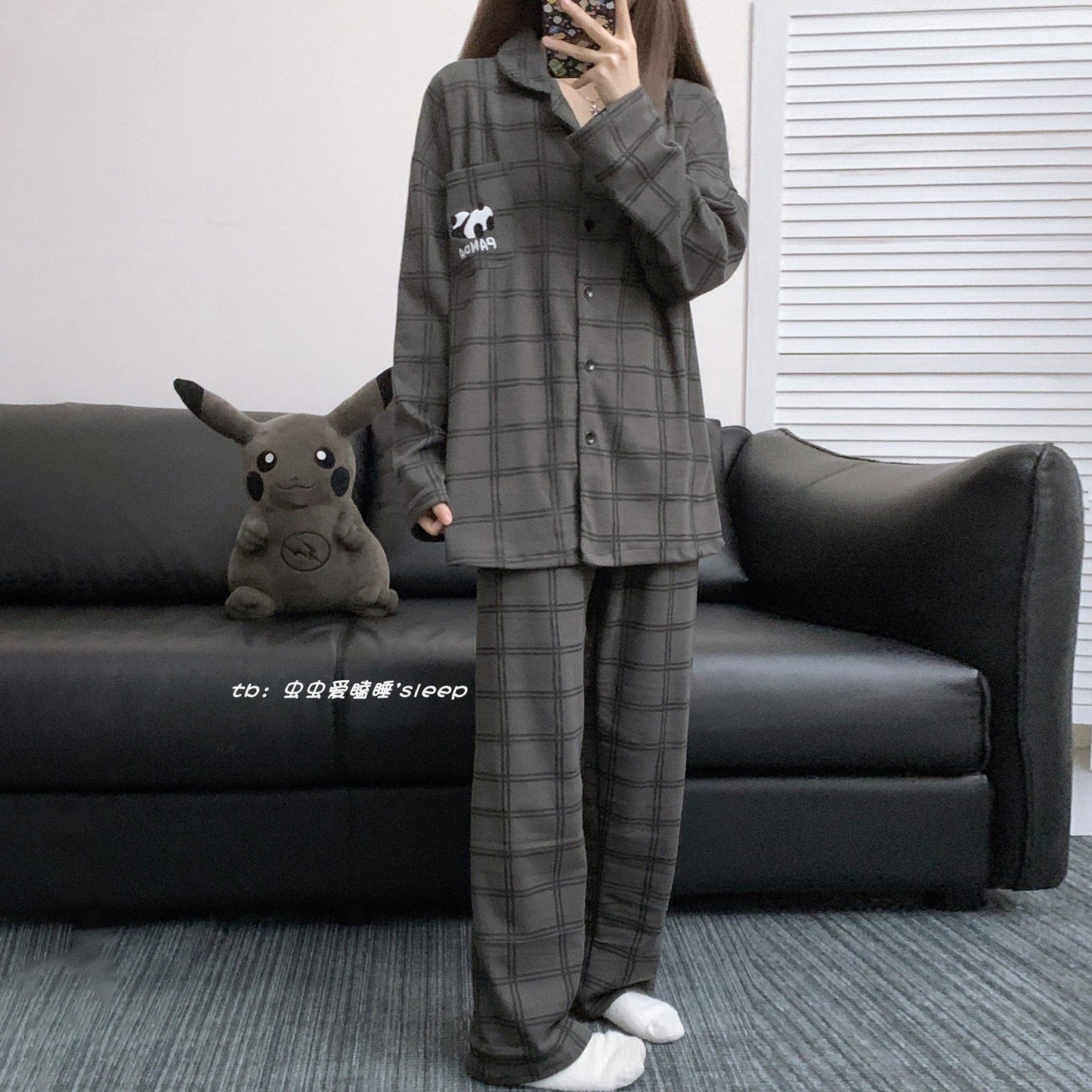 【インナー】チェック柄 パンダ 薄手 保温 ルームウェア レディース/メンズ ペア対応 秋冬