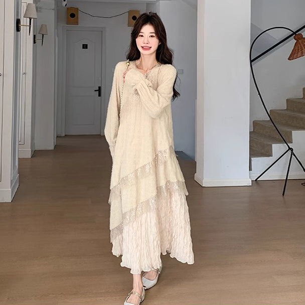 【ワンピース】レンチ風 長袖ワンピース レディース 秋新作 韓国風 優しい雰囲気 人気 気質レース ロング丈 初恋ワンピ【JZシリーズ】