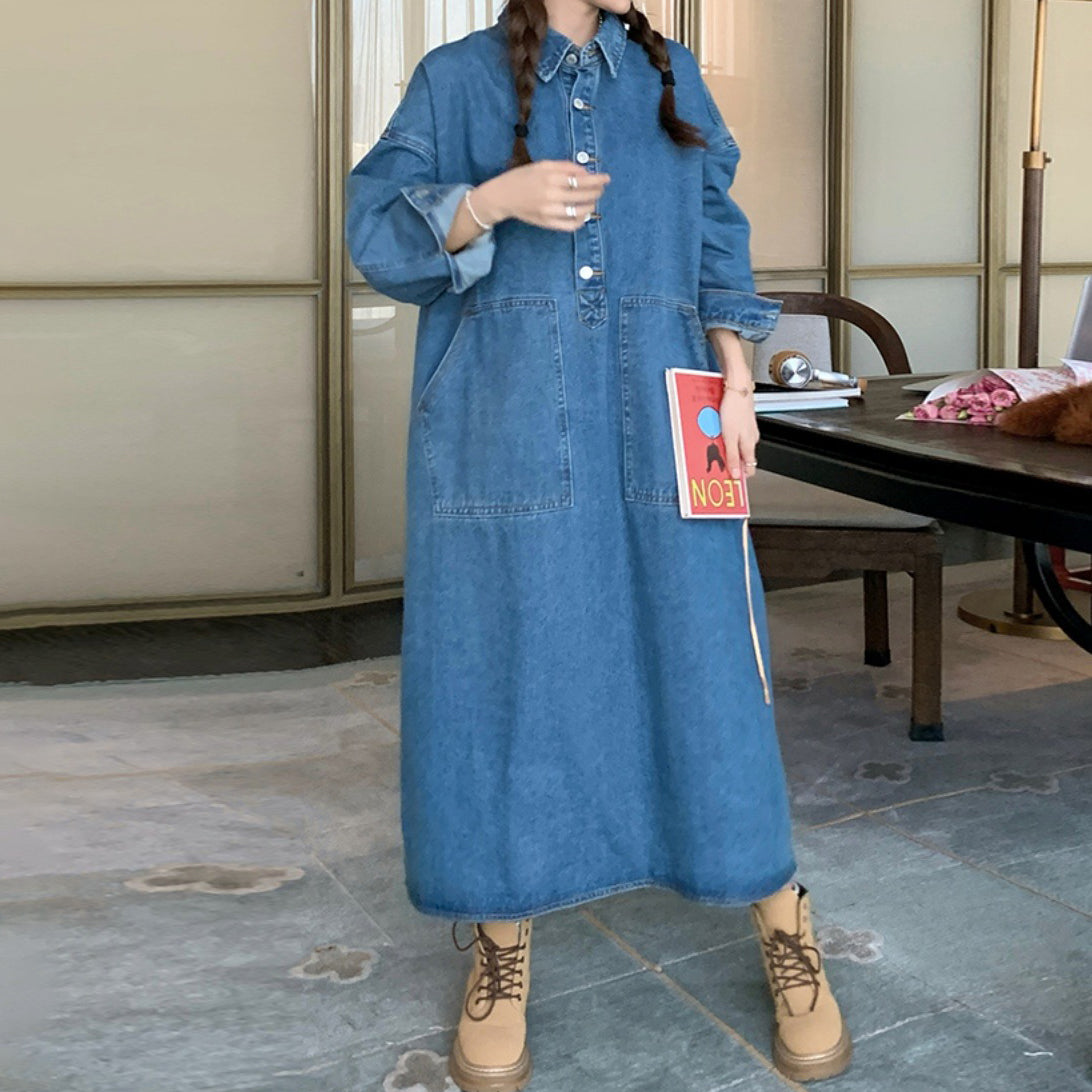 【24AW】【ワンピース】ミドル丈 お腹カバー ゆったり 着痩せ 大きいサイズ デニム 長袖ワンピース