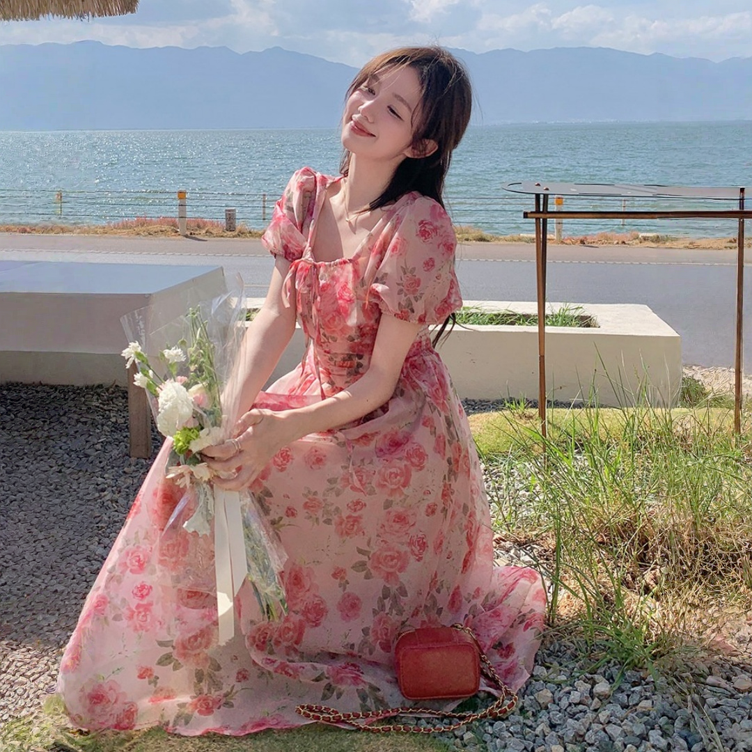 【ワンピース】フレンチ風 リゾート 美しい 花柄 半袖 ワンピース 【SHシリーズ】