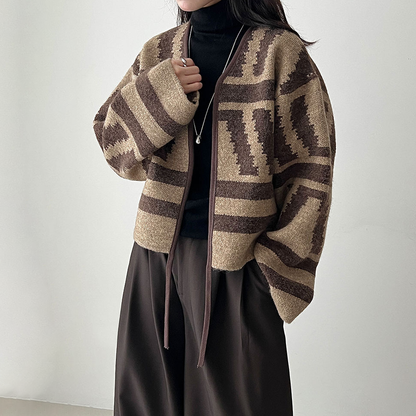 【アウター】秋新作 幾何柄 ニットカーディガン レディース レトロ ゆったり ショート丈【JZシリーズ】