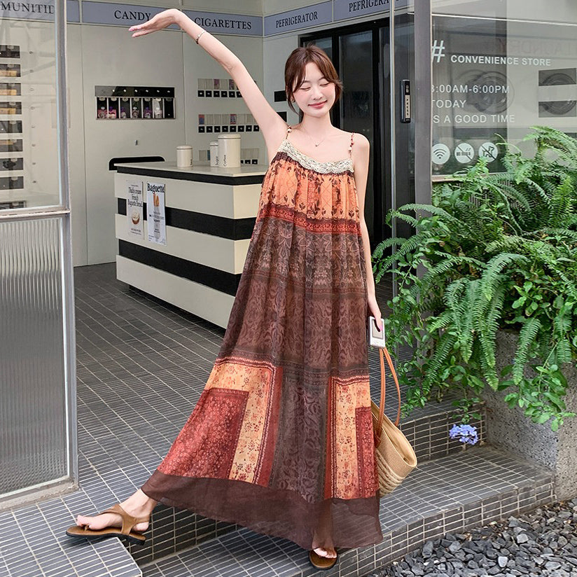 【ワンピース】フレンチ民族風 リゾート 色分けプリント ノースリーブキャミソールワンピース【SHシリーズ】