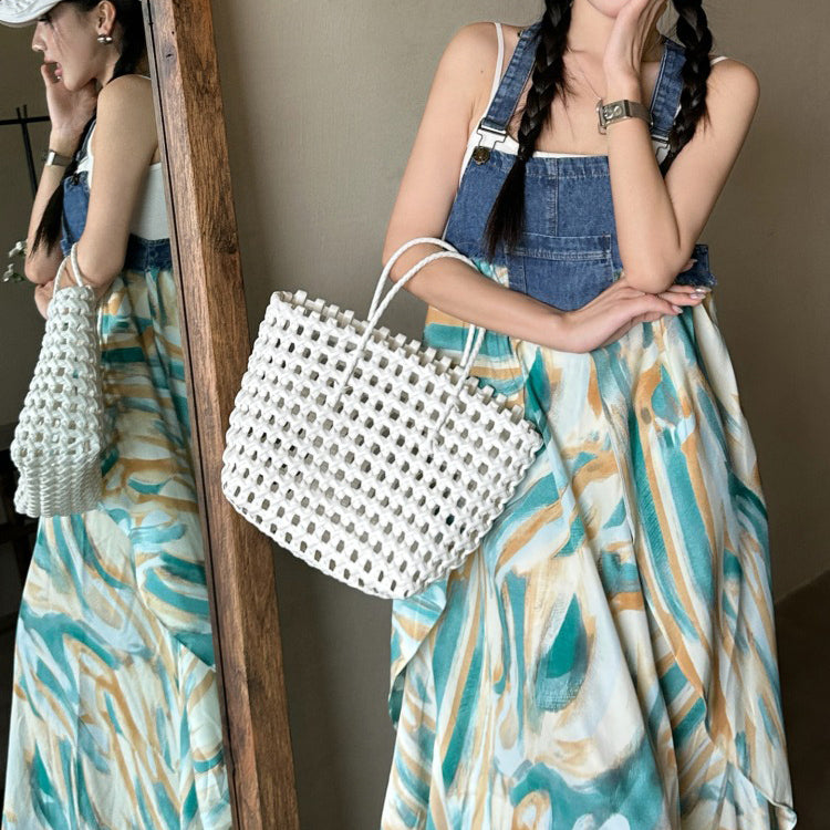 【ワンピース】夏新作 デザイン感たっぷり デニム切り替え シフォン花柄ノースリーブワンピース【SHシリーズ】