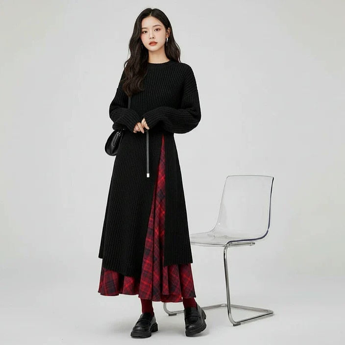 【セットアップ】春 秋 冬  ニット ワンピース+ベルト+チェック柄 スカート 3点セット 【JZシリーズ】