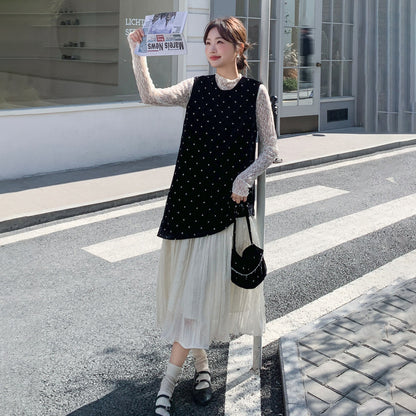 2点セット【セットアップ】フレンチ 高級感 ドット柄  セットアップ 2026春新作 レース切替 キャミワンピース＆インナーレディース【SHシリーズ】