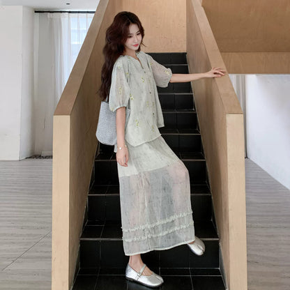 2点セット！【セットアップ】フェミニン 刺繍上下セット レディース 夏 ブラウス×スカート きれいめ 上品【SHシリーズ】