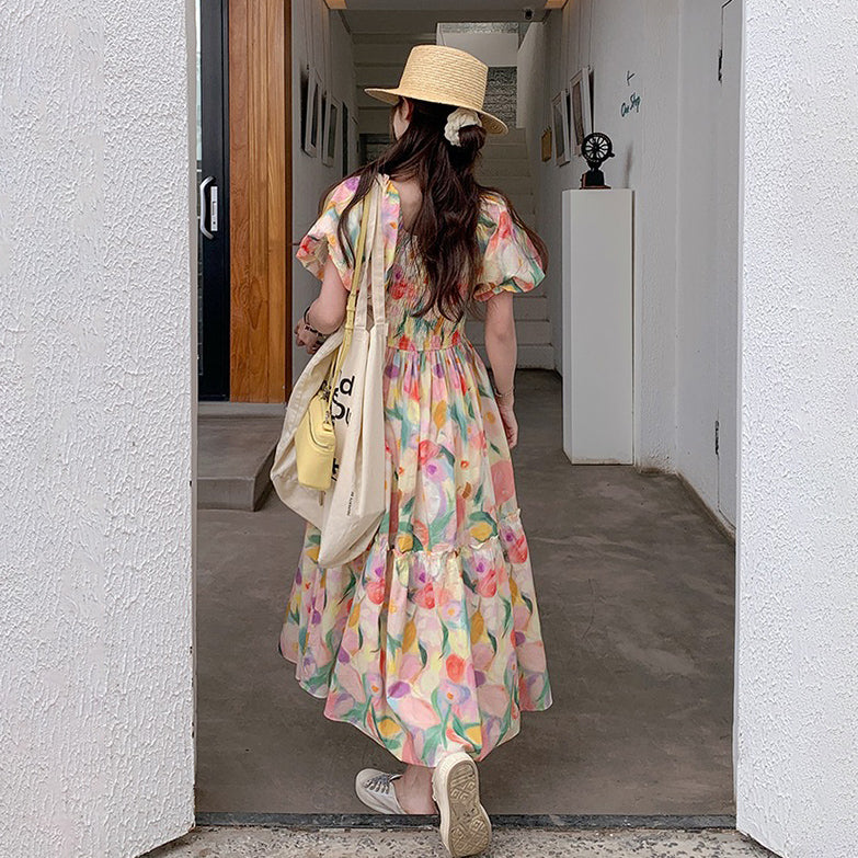 【ワンピース】夏新作 ドーパミン配色トレンド 小花柄 パフスリーブ 半袖ワンピース【SHシリーズ】