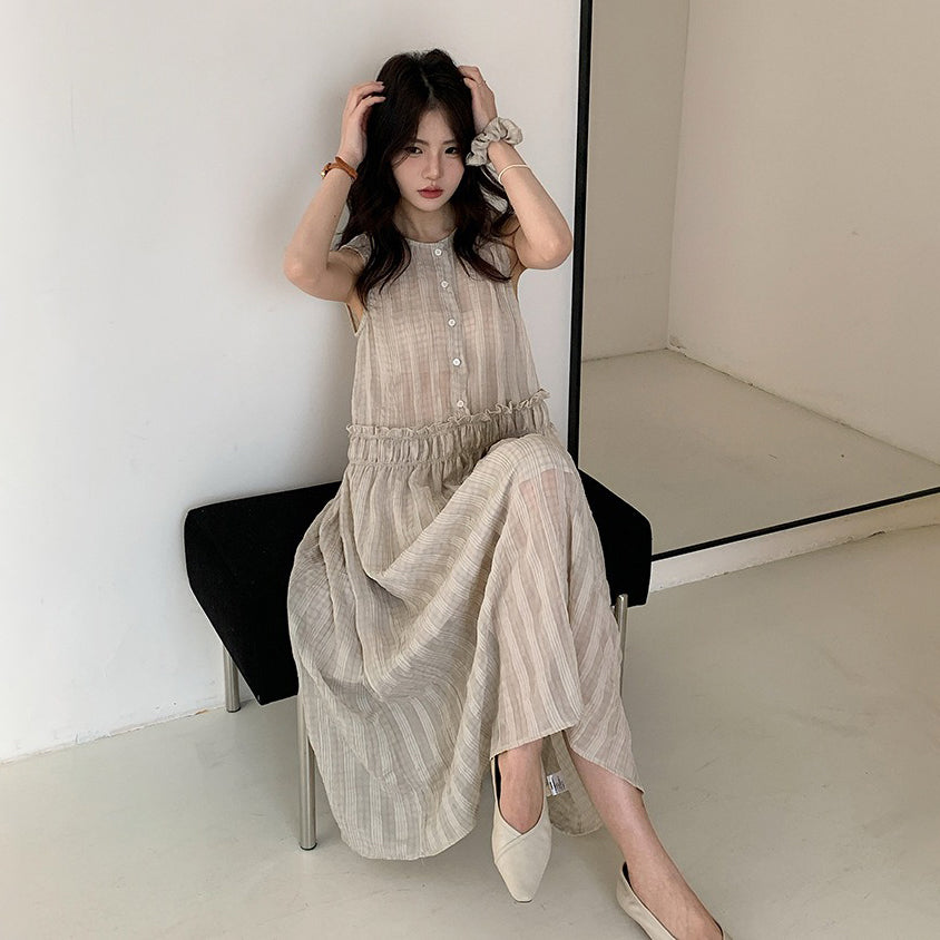 【ワンピース】韓国風 フリル ノースリーブ ワンピース レディース きれいめロングドレス ヘアゴム付き【JZシリーズ】