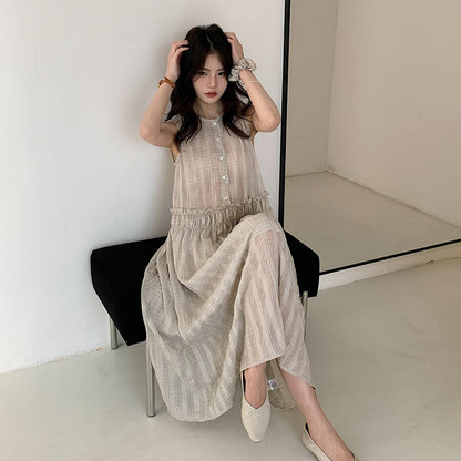 【ワンピース】韓国風 フリル ノースリーブ ワンピース レディース きれいめロングドレス ヘアゴム付き【JZシリーズ】
