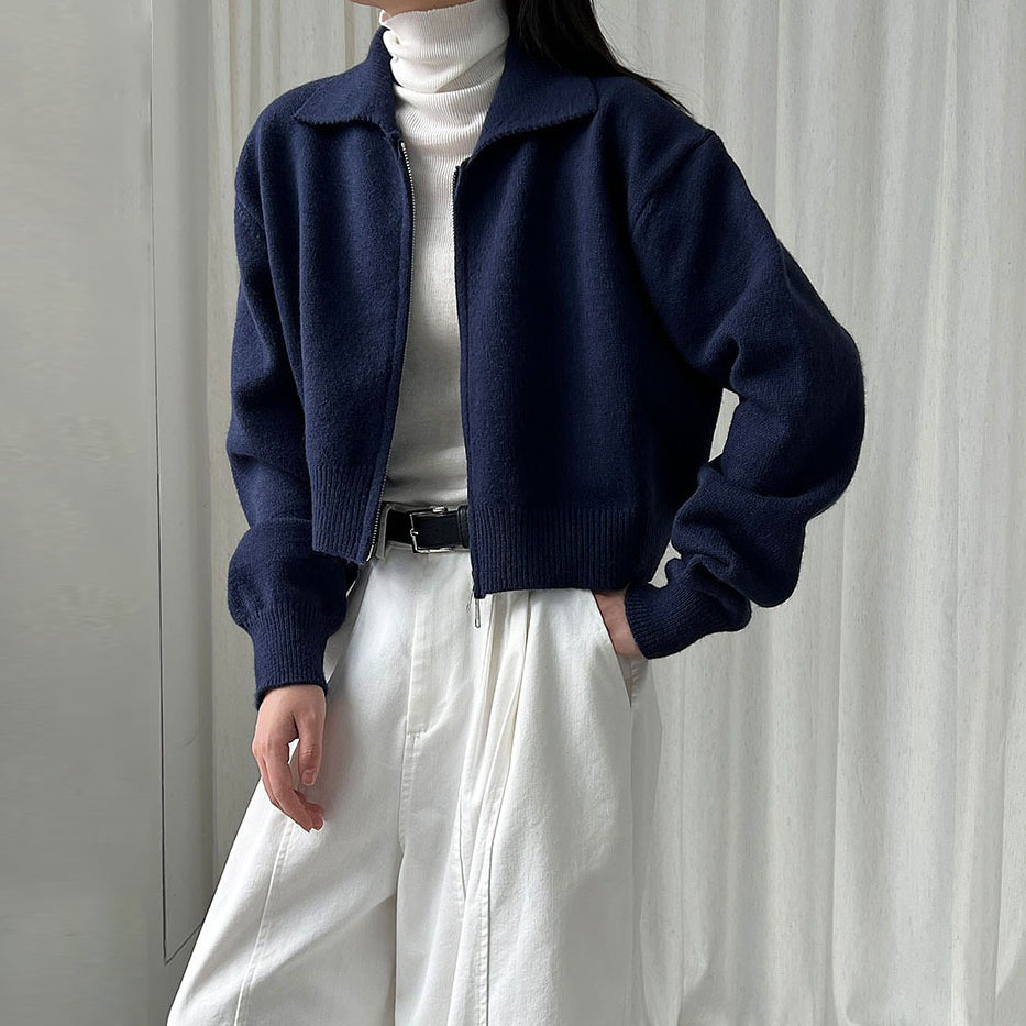 【トップス】春 秋 冬 ショート丈  ダブルジップ ニットカーディガン ポロカラー セーター 【JZシリーズ】