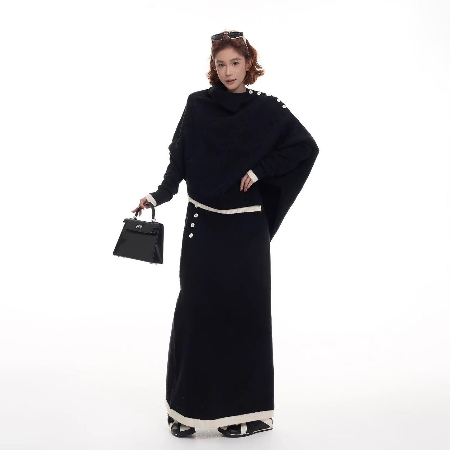 【単品注文】【セットアップ】不規則 配色切替 長袖ニット＋スカート 上下セット レディース 秋冬 韓国風 ゆったり ルーズ カジュアル【JZシリーズ】