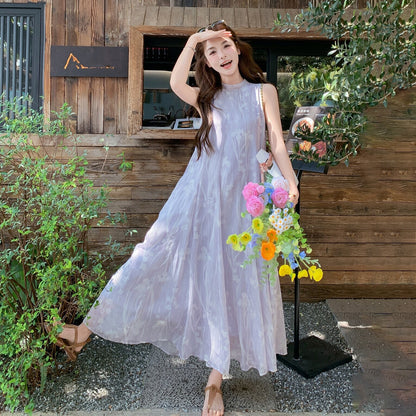 花卉印花紫色無袖連身裙｜度假風長裙【SH系列】