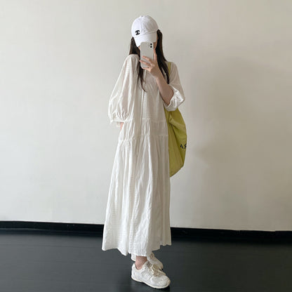 【ワンピース】レディース ホワイト 長袖 ワンピース フレンチリゾート レースアップ デザイン ロングワンピース テクスチャー素材 上品 きれいめ 夏【FCシリーズ】