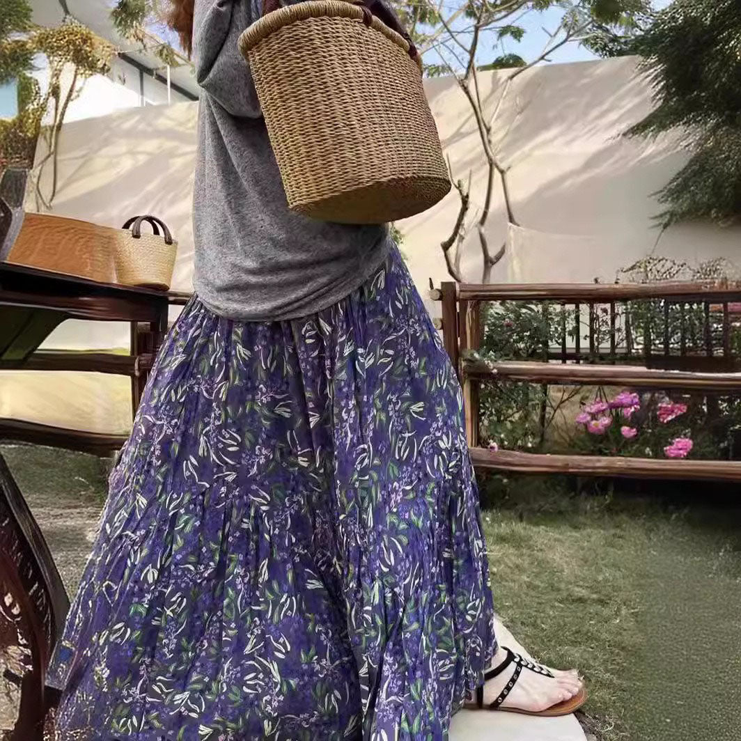 【ボトムス】春夏 ワイドシルエット ギャザー入り ハイウエスト Aライン 小花柄スカート【SHシリーズ】