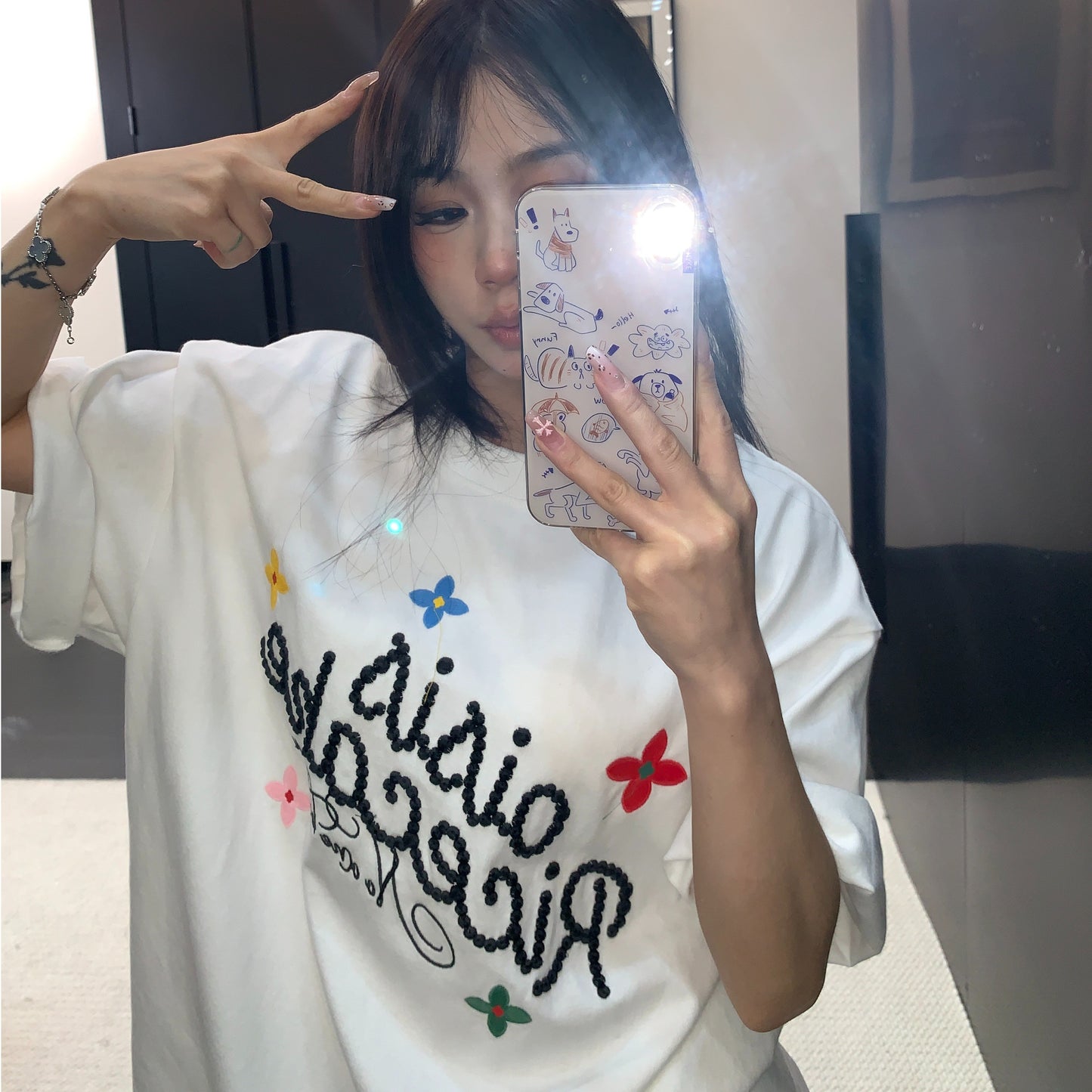 【トップス】レトロ コットン100％ 立体刺繍 オーバーサイズ 半袖 Tシャツ 【FCシリーズ】