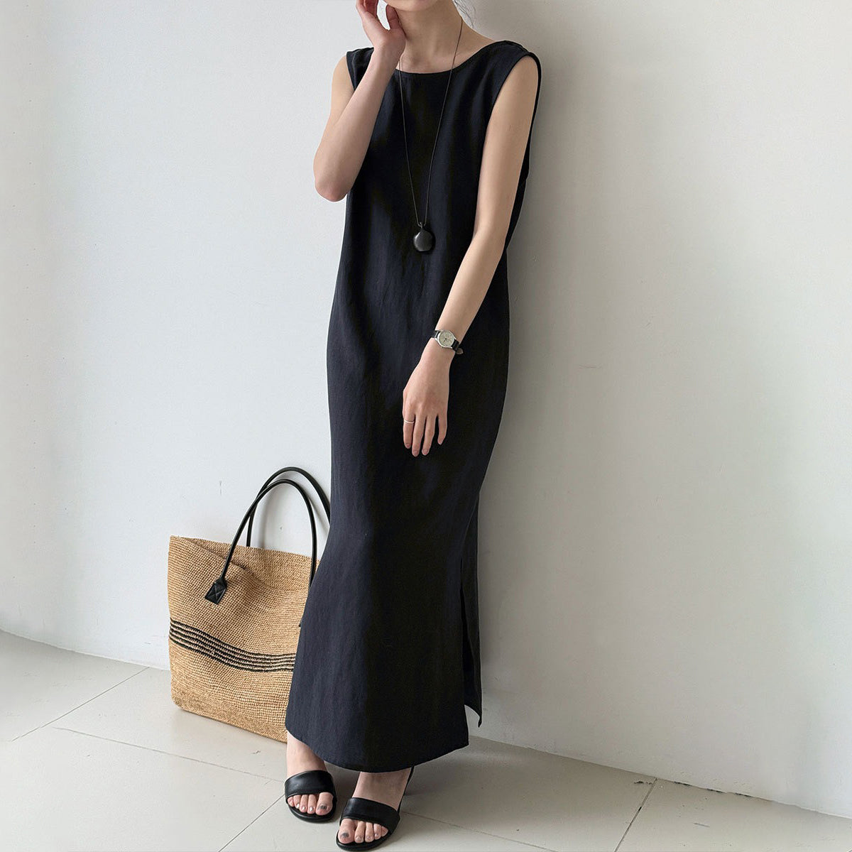 【ワンピース】リネン ワンピース レディース 夏 ノースリーブ バックシャン ドローストリング ロングワンピース ゆったり 体型カバー 人気【JZシリーズ】
