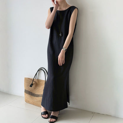【ワンピース】リネン ワンピース レディース 夏 ノースリーブ バックシャン ドローストリング ロングワンピース ゆったり 体型カバー 人気【JZシリーズ】