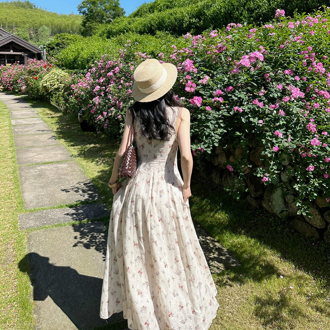 【ワンピース】小花柄  ウエストマーク ノースリーブ ロングワンピース 【SHシリーズ】