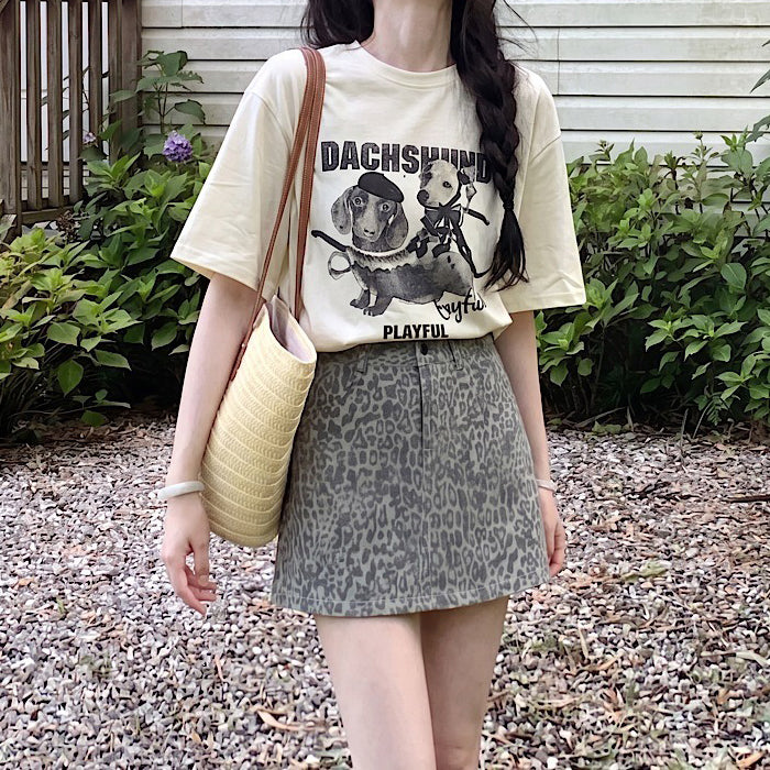 【トップス】Tシャツ レディース ドッグプリント 半袖 コットン100% オーバーサイズ カジュアル【JZシリーズ】