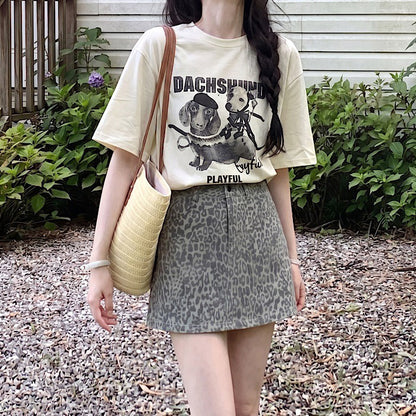 【トップス】Tシャツ レディース ドッグプリント 半袖 コットン100% オーバーサイズ カジュアル【JZシリーズ】