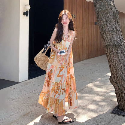 【ワンピース】高級感あふれるロマンティックリゾート風 シフォン花柄ノースリーブワンピース【SHシリーズ】