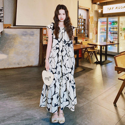 【ワンピース】夏新作 水墨風グラデーション ワンピース レトロ ゆったりノースリーブロングドレス 体型カバー着痩せ【SHリーズ】