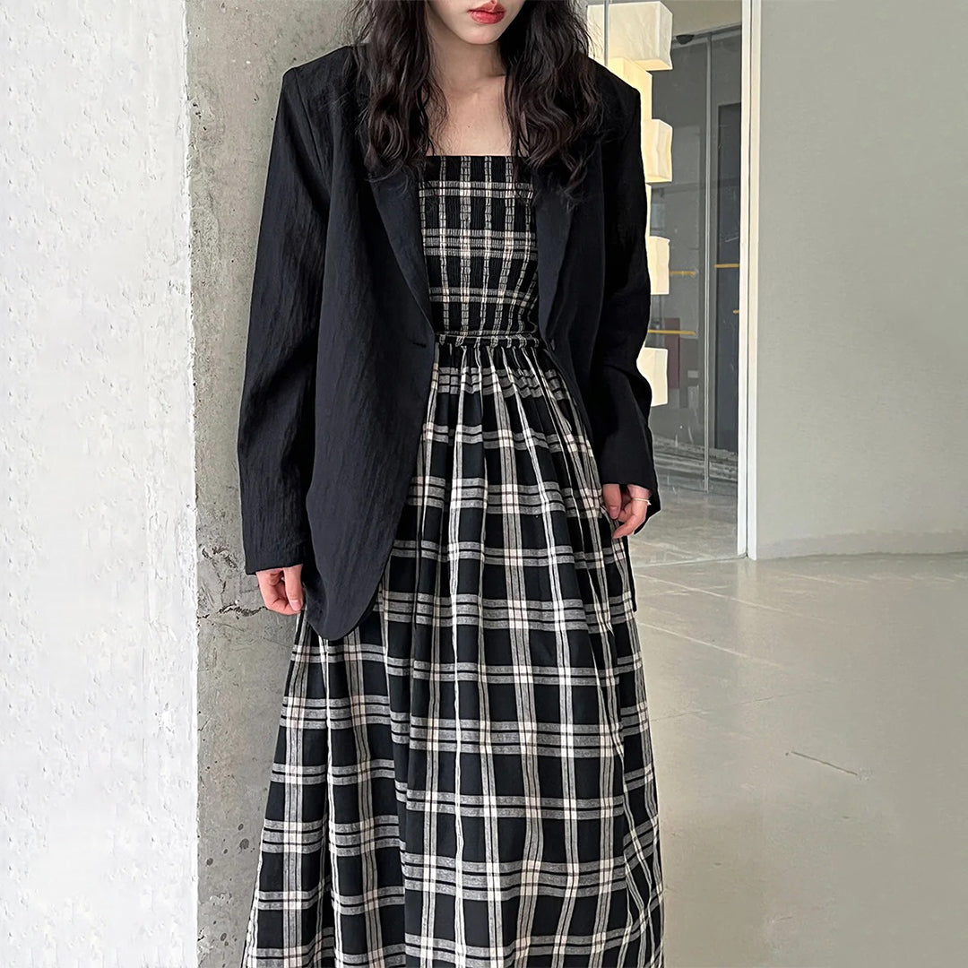 【ワンピース】夏 高級感 レトロ チェック柄 ストラップドレス【SNシリーズ】