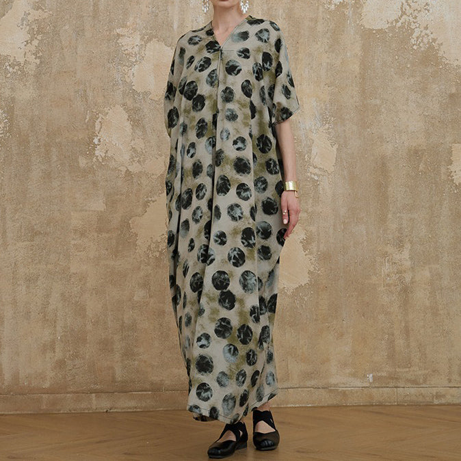 【ワンピース】ヴィンテージ風 ゆったり 大きめサイズ ロング丈 細見え 上品 半袖 ワンピース【SHシリーズ】