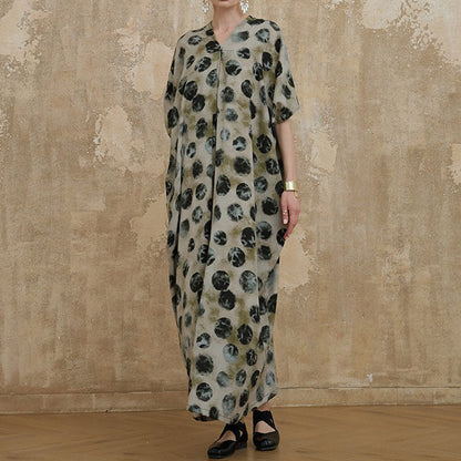 【ワンピース】ヴィンテージ風 ゆったり 大きめサイズ ロング丈 細見え 上品 半袖 ワンピース【SHシリーズ】