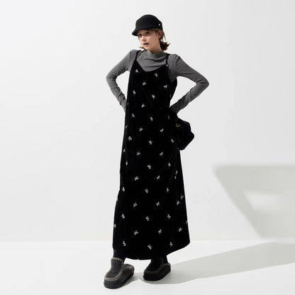 【ワンピース】ベロア刺繍 Vネック ノースリーブ ワンピース レディース 秋冬 韓国風 厚手 Aライン ロング丈【SHシリーズ】