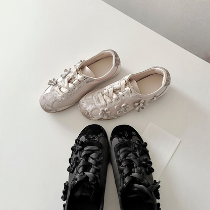 【シューズ】フラワー フラワー レトロ レースアップ ジャーマントレーナー パンプス 【JZシリーズ】