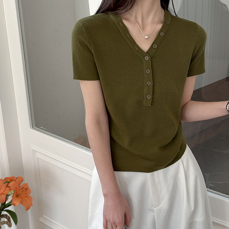 【トップス】Vネック ニットトップス レディース 春新作 半袖 フィット 体型カバー きれいめ カジュアル【JZシリーズ】