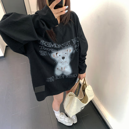 【トップス】ヴィンテージ加工 カートゥーンプリント ゆったり 長袖Tシャツ 【FCシリーズ】