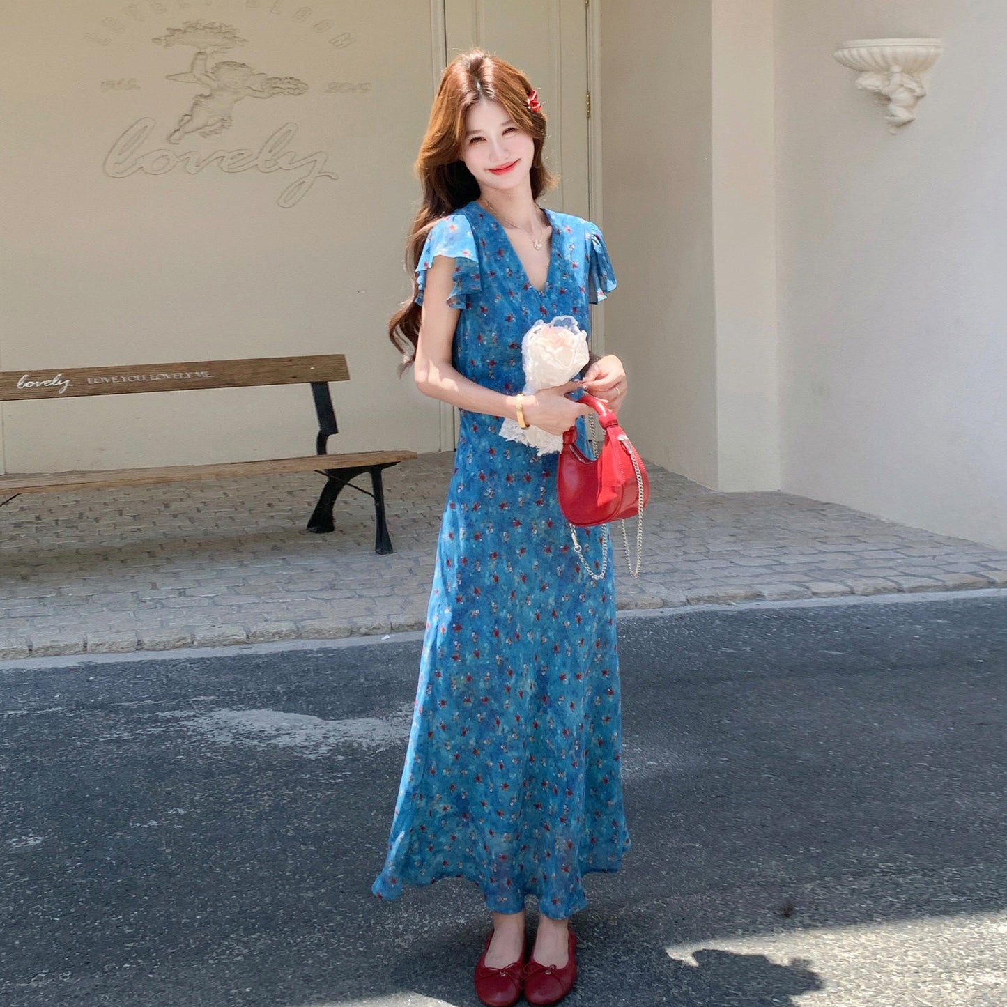 【ワンピース】フレンチ ブルー 花柄 フリルスリーブ Vネック ワンピース レディース 夏新作 きれいめ 体型カバー ノースリーブ ロングワンピース【SHシリーズ】