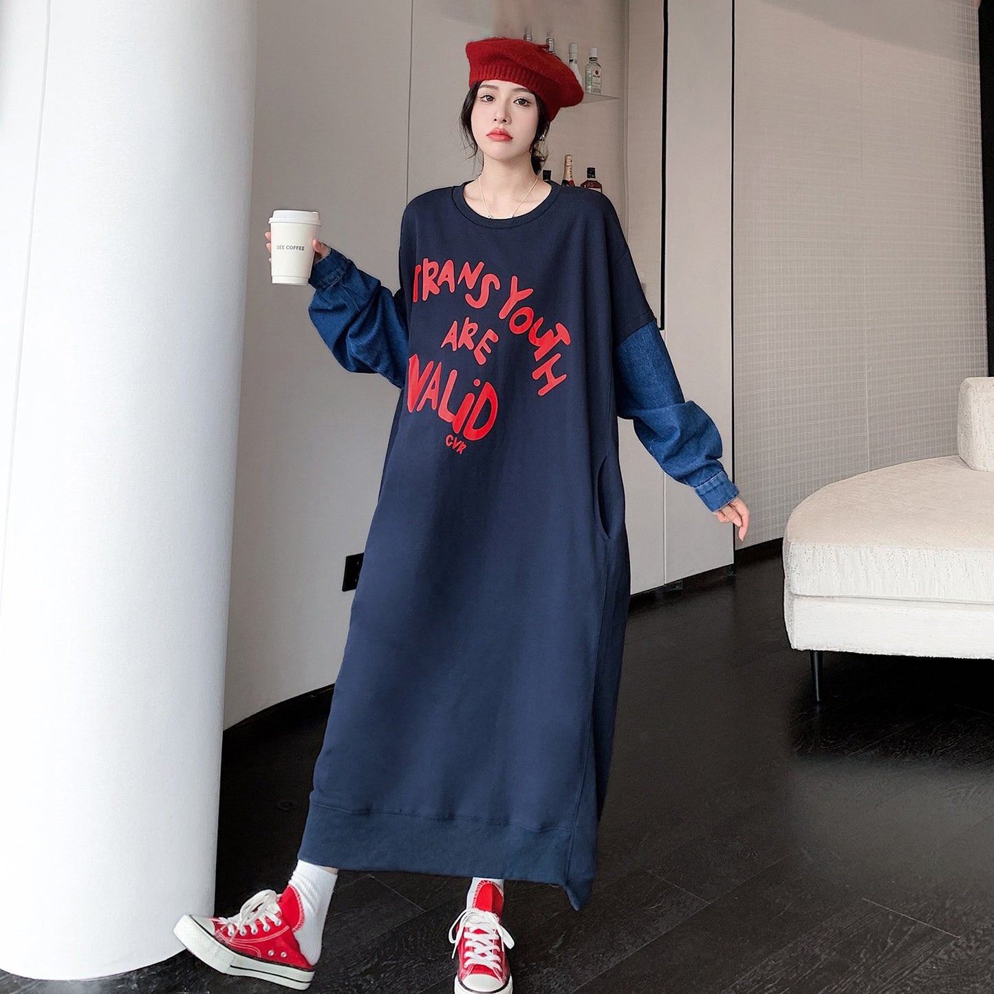 60%OFF⭐️期間限定【ワンピース】デニム切替 ウォッシュ加工 配色 ゆったり ロング丈 英字プリント スウェット長袖ワンピース
【FCシリーズ】